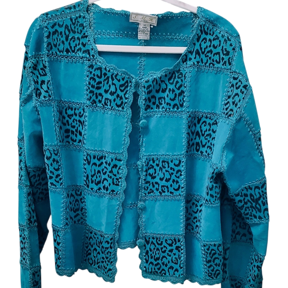 VINTAGE . Women's Turquoise Leopard Patchwork Jacket Sz XL - Picture 2 of 7